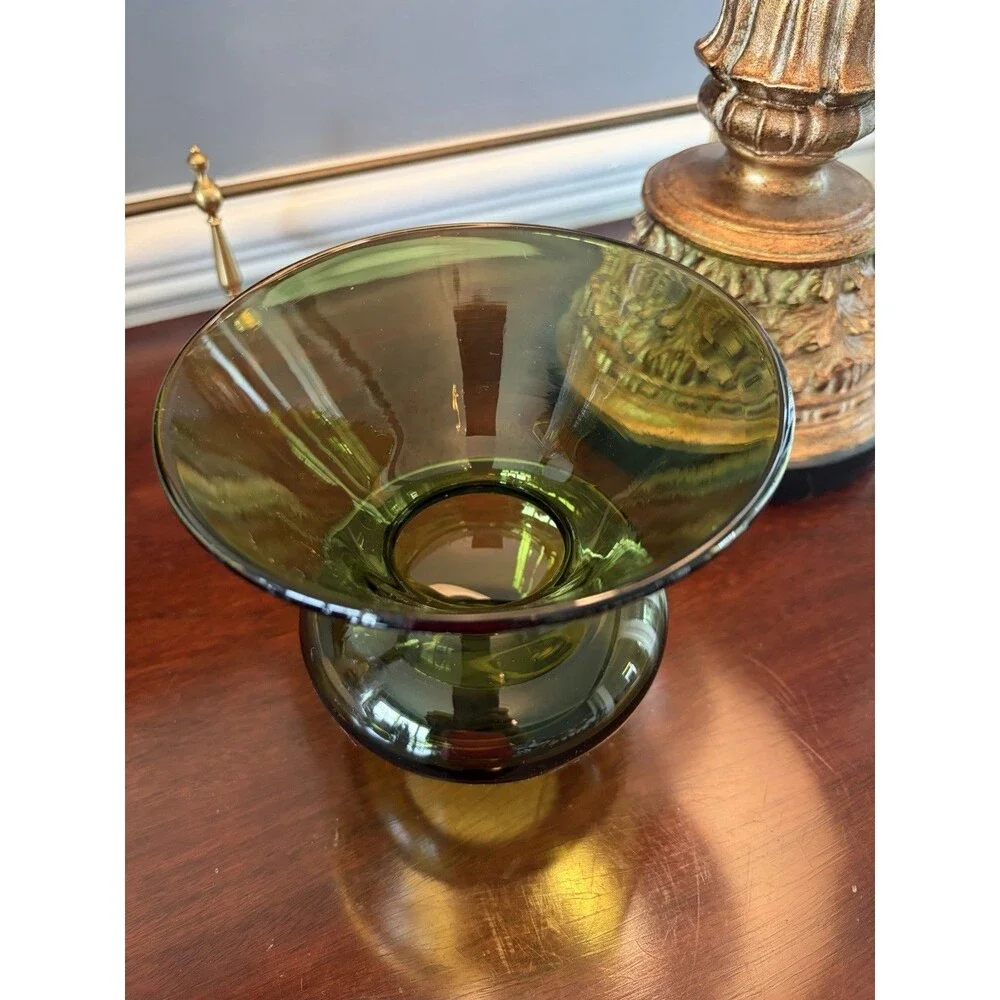 Vintage Mid-Century Modern Hand Blown Glass Vase Dark Green Flared Rim